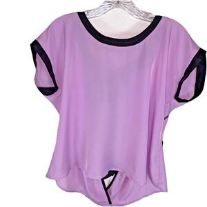 Lilac Women's‎ Top – Drop Back Tie, Black Trim, Short Sleeves, Silky Polyester,M